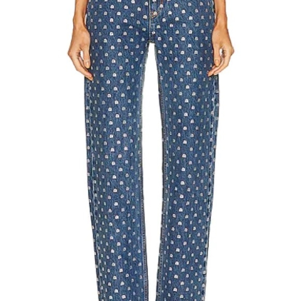 Alexander Wang Embellished Crystal Logo High Waist Relaxed Straight Leg Jeans 25